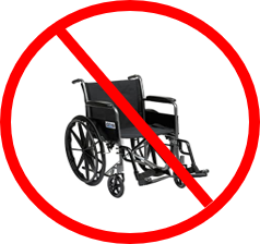Wheel with red line across in a red circle. Not all wheelchairs are suitable to transport.